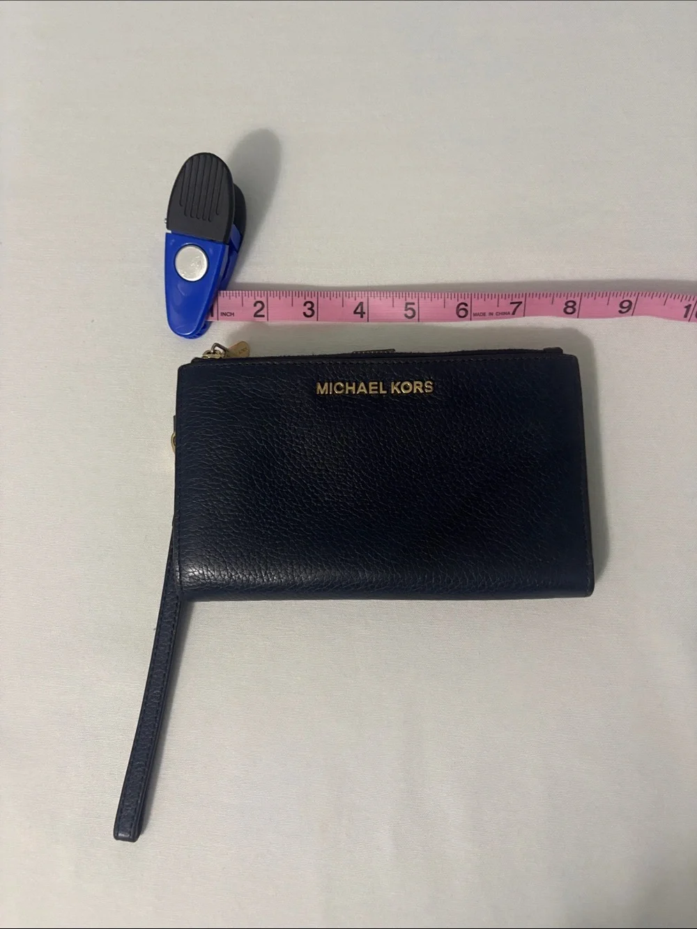 Michael Kors Navy Leather Wristlet with Gold Logo
